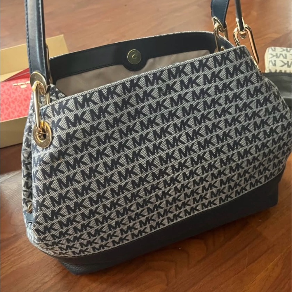 Michael Kors Blue and White Shoulder Bag with Iconic MK Pattern